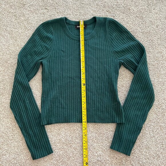 Express Emerald Green Round Neck Ribbed Stretch Long Sleeve Minimalist Top M - Picture 7 of 8